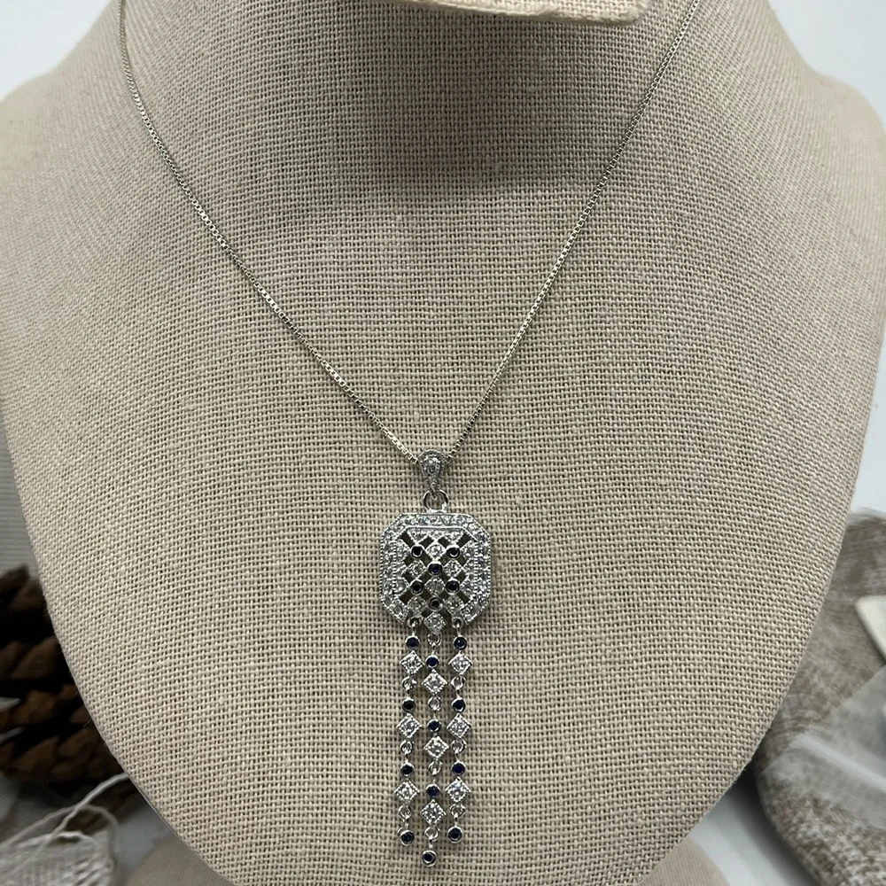 Technibond Platinum Sterling Silver & Blue Sapphire CZ Pendant Necklace
